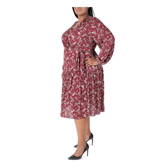 SIGNATURE BY ROBBIE BEE Womens Burgundy Tie Crinkle Sleeve Midi Dress Plus 3X - Picture 3 of 4